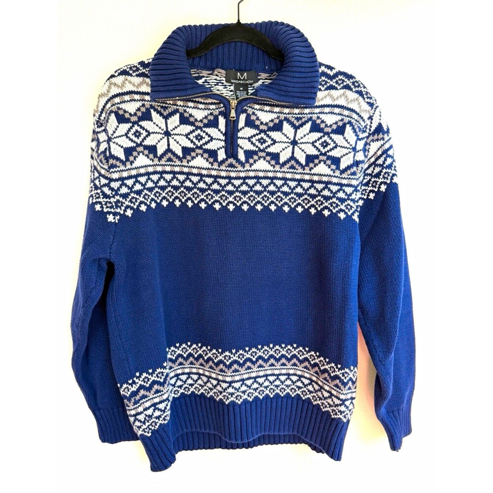 Magaschoni Men’s M Blue/White/Gray Cotton Knit Mock Neck 1/4 Zip Sweater